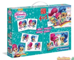 Edukit 4en1 shimmer & shine 1 memo, 1 puzzle 30pzas., 1 domino, 6 cubos
