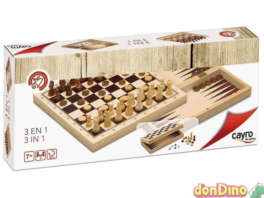Juego 3en1 ajedrez/damas/backgammon madera