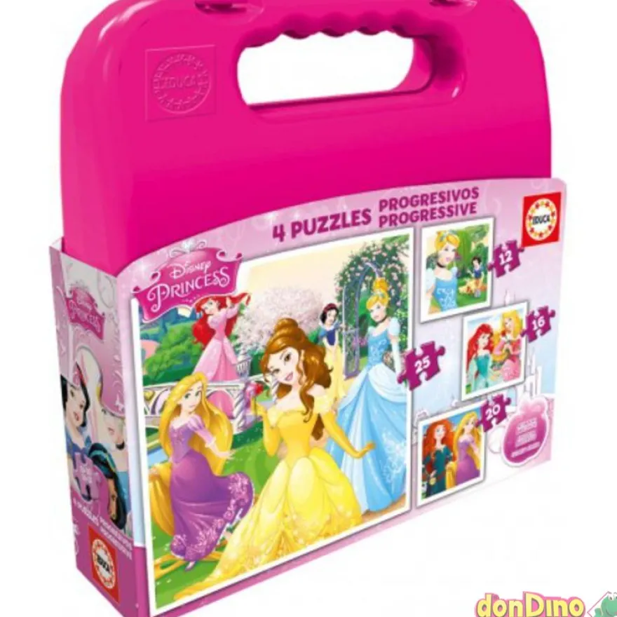 Maleta 4 puzzles progres. princesas acabado brillante, 12-16-20-25