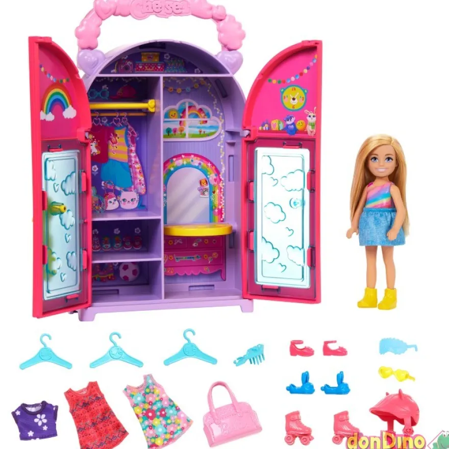 Muñeca chelsea barbie c/armario potatil, ropa y accesorios