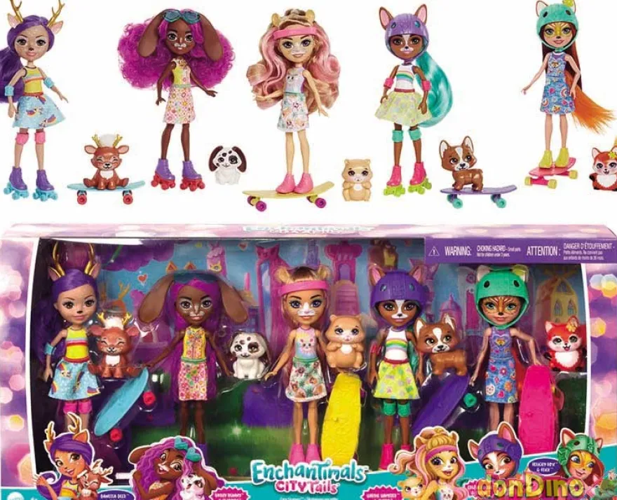 Pack 5 enchantimals city tails c/mascotas y skates