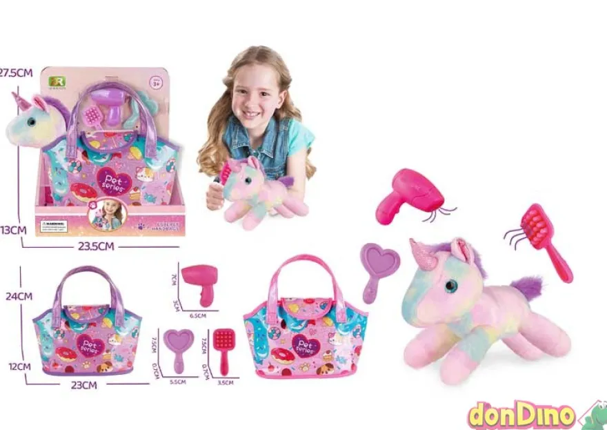 Peluche unicornio en bolso con accesorios