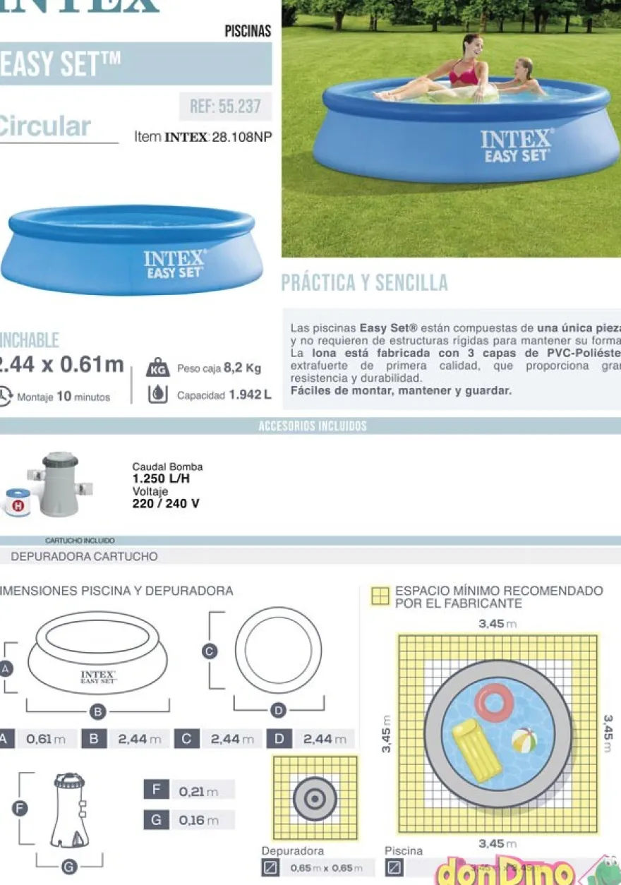 Piscina champiñon 244x61cm. 1942 l. con depuradora 220-240v - altura 46 cm.
