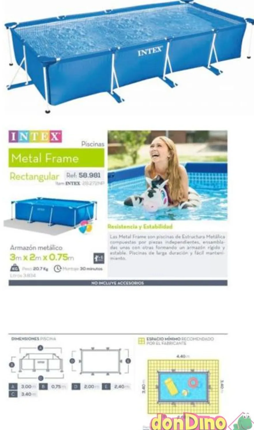 Piscina tubo rectang. 300x200x75cm. 3834 litros