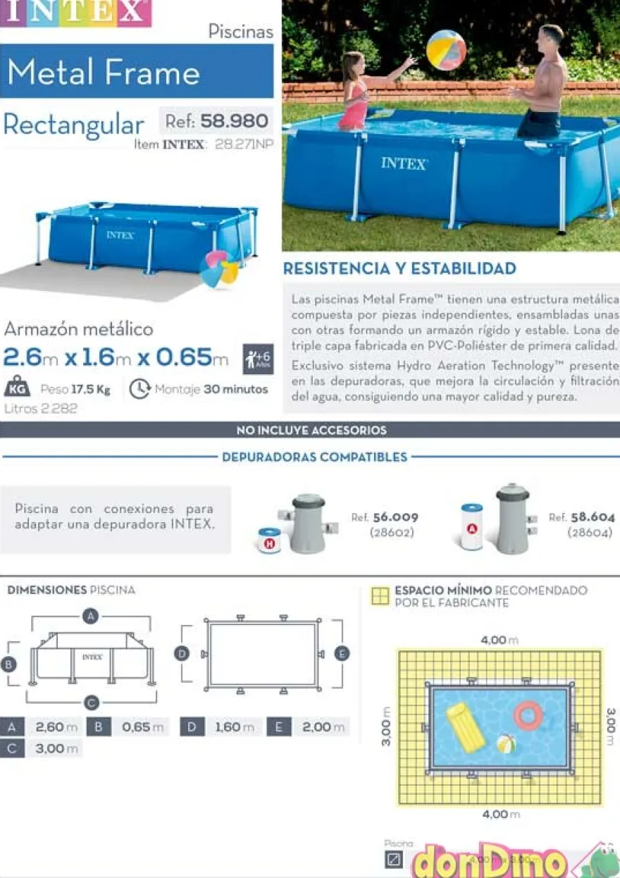 Piscina tubo rectang. 260x160x65 cm 2282 litros - altura 56 cm.