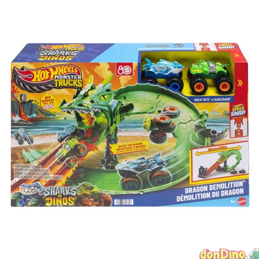 Pista dragon demolition hot wheels monster trucks - sharks vs dinos - 2 vehiculos