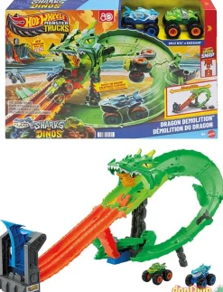 Pista dragon demolition hot wheels monster trucks - sharks vs dinos - 2 vehiculos
