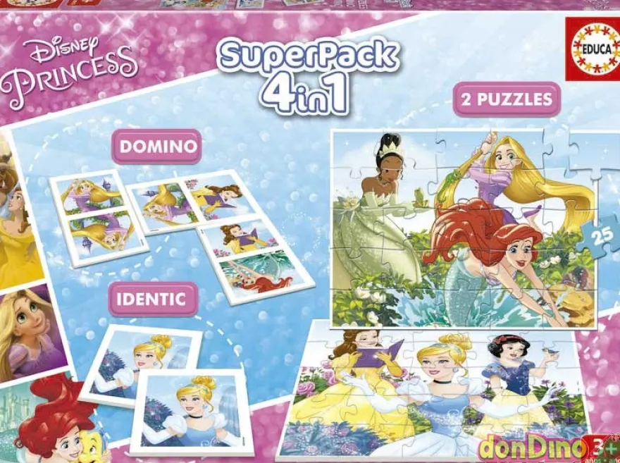 Superpack 4en1 princesas disney domino,2 puzzles 25pzas.,identic